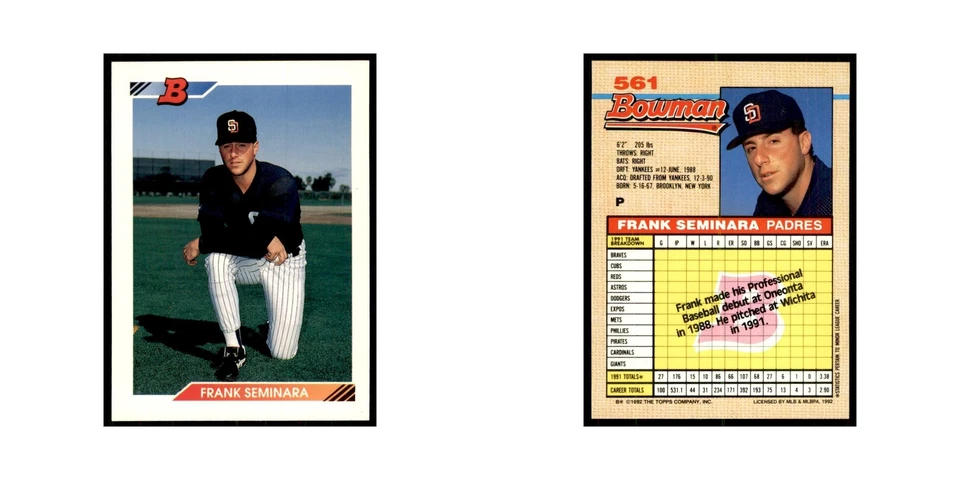 1992 Bowman Frank Seminara Baseball Cards #561 - Image 3 of 3