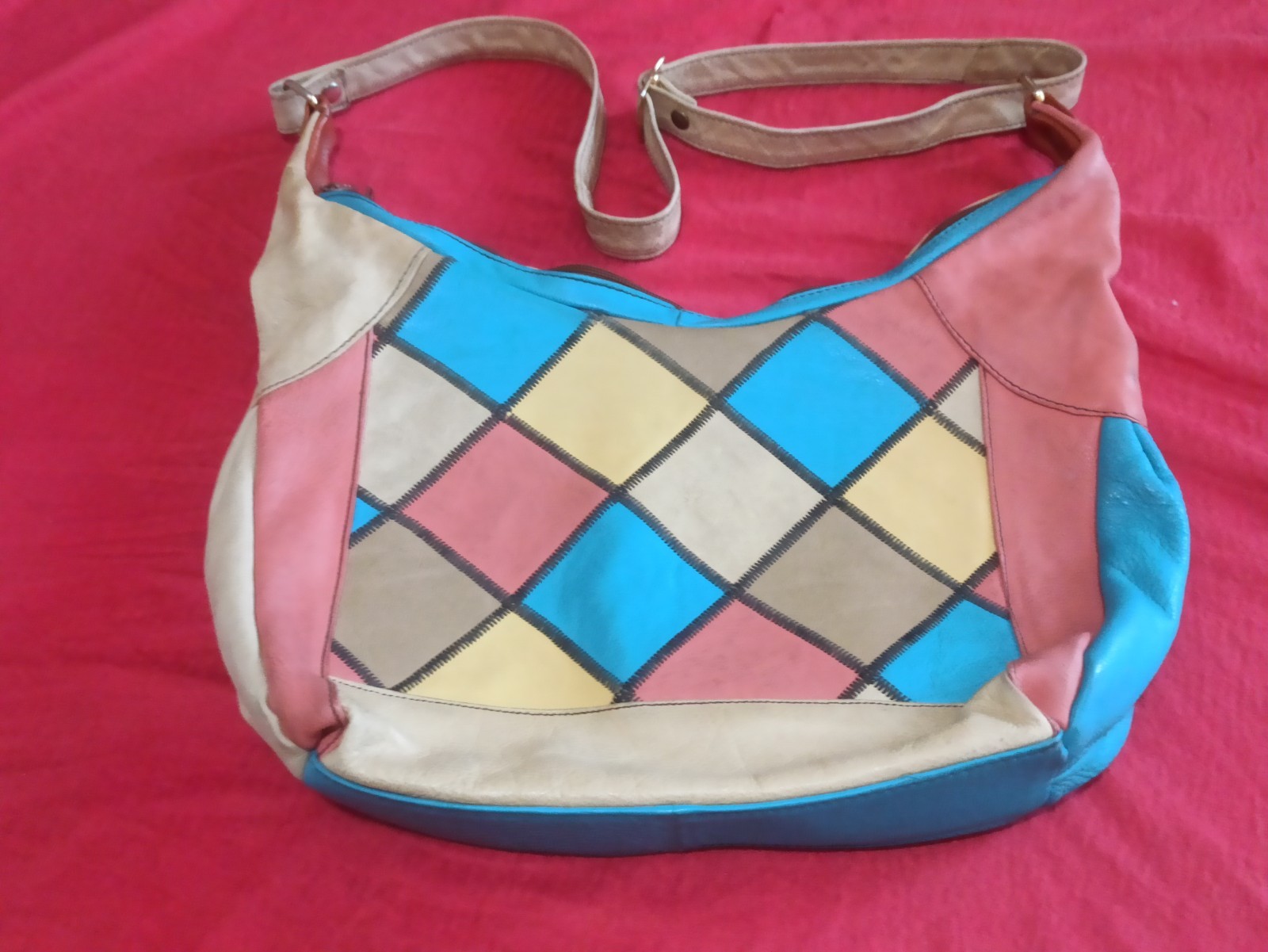 VINTAGE BORSA DONNA TRACOLLA PELLE COLORATA ARTIGIANALE ITALIANO 2 SCOMPARTI 💕