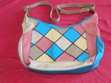 VINTAGE BORSA DONNA TRACOLLA PELLE COLORATA ARTIGIANALE ITALIANO 2 SCOMPARTI