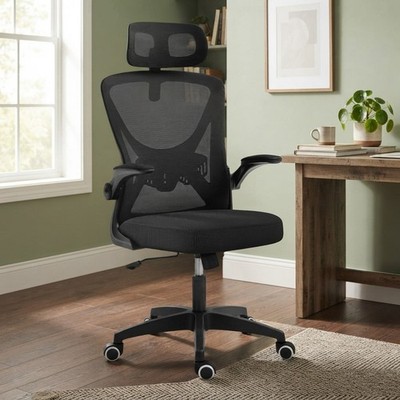 Schwarzer ergonomischer Netz Bürostuhl mit verstellbarer Höhe und robusten Rollen