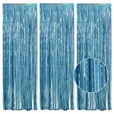 Laser Light Blue Door Streamers Metallic Foil Fringe Curtains Decor 3 PCS