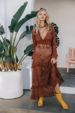 Chasing Unicorns Wish You Were Here Crochet Maxi Dress S Cacao Orange Cotton NWT