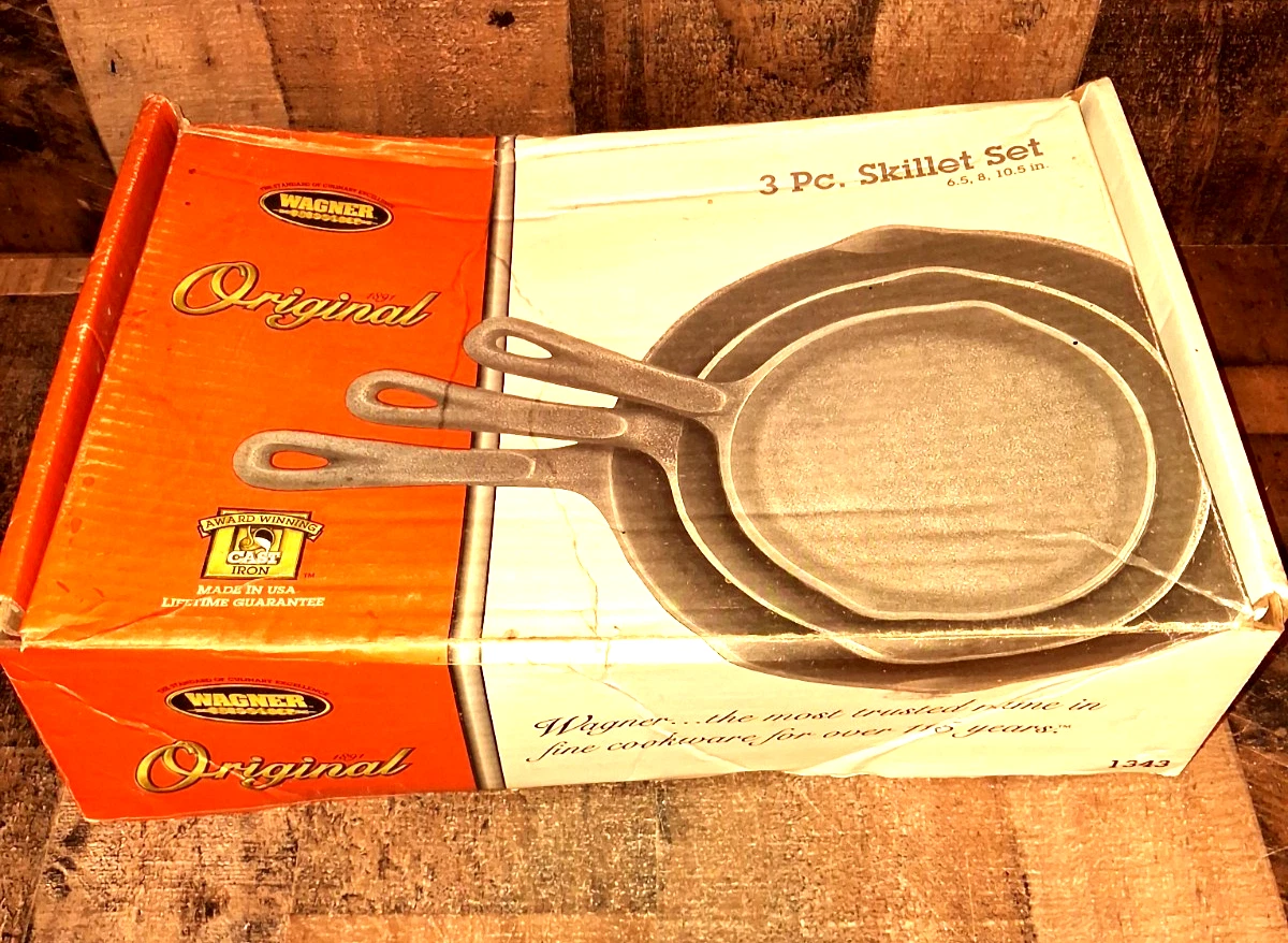 Vintage Wagner 1891 Original 3 Pc. Cast Iron Skillet Set 1343 NOB Read