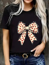 Women's Short Sleeve Stretch T-Shirt - Christmas Heart Bow & Love Letter Print,