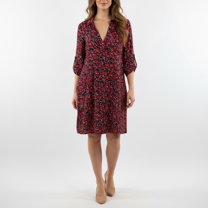 New York Company Floral Print Shirt Dress Navy Red XL Roll Tab Sleeve