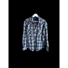 Vintage 70's Sears Flannel Shirt Mens L/XL Plaid Winter Blue Western