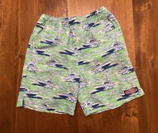 Vineyard Vines Boy Youth M Blue Green Sailboats Swim Trunks Drawstring