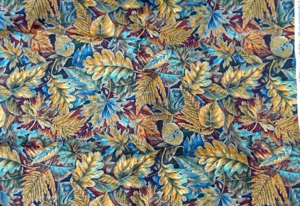 Vintage VIP Cranston Cotton Fabric Golden Autumn LEAVES & Teal 56" x 44" - Image 2 of 4