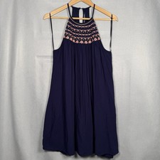 Mini Dress Boho Hippie Racer Back Embroidered Blue Rayon Sz M