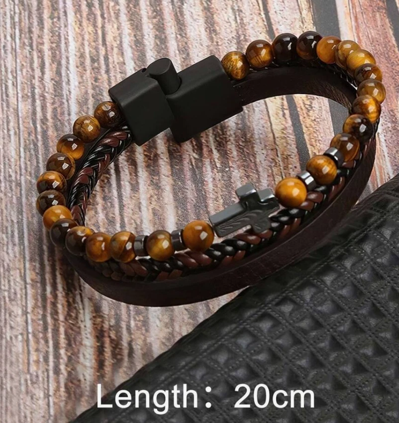 Brazalete brazalete brazalete brazalete de cuero trenzado cruz ojo de tigre para hombre joyería de piedra con cuentas Foto 2 de 4