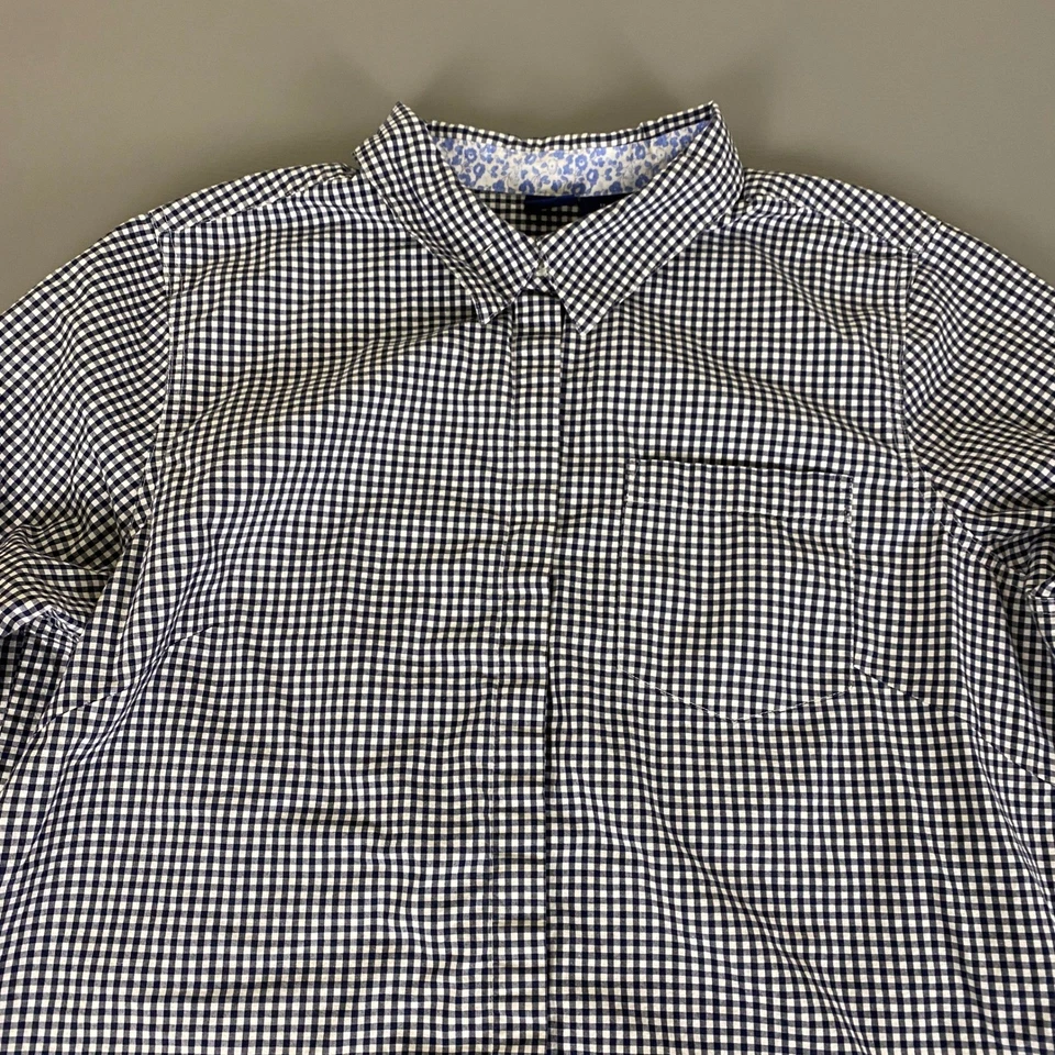 Basic Editions Button Up Shirt Women's 1X Navy Blue Gingham Plaid 3/4 Sleeve - Image 2 of 4
