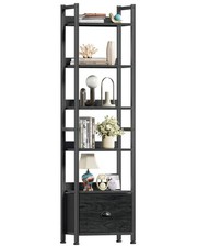 6 Tier Bookshelf, Tall Shelf with Drawer, Wood and Metal Bookshelves Storage ...