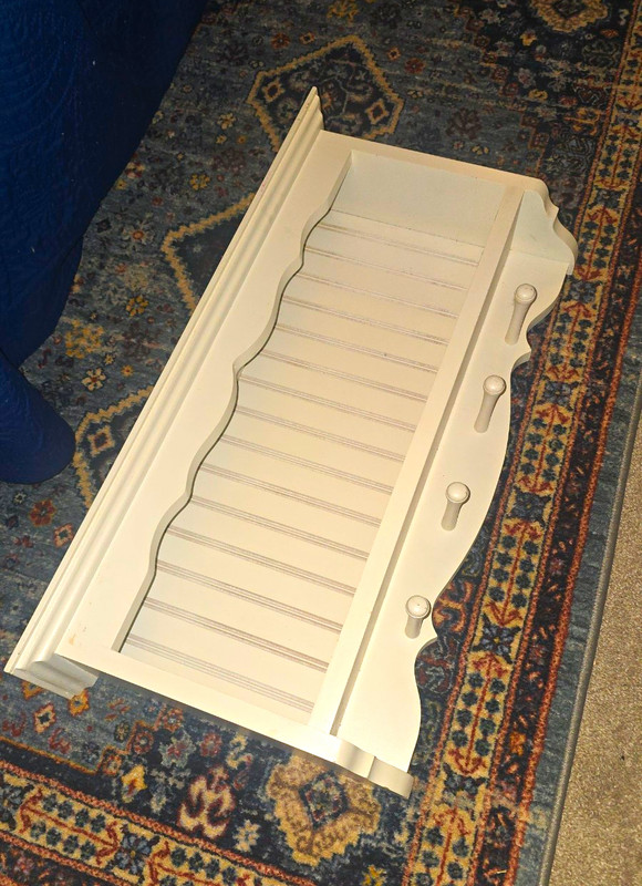 White Wall Mounted Wooden Wall Shelf with Hooks, Solid Rectangle, 1 Shelf
