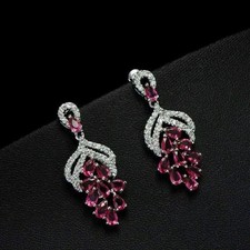Lab Created 4Ct Pear Cut Pink Ruby Drop/Dangle Earrings 14K White Gold Plated
