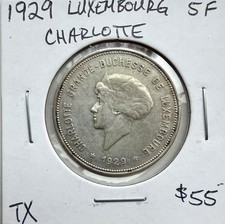 1929 Luxembourg Charlotte Silver 5 Francs 