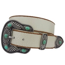 Vintage Leather Western Belt with Turquoise Stone Buckle Set White Turquoise Med