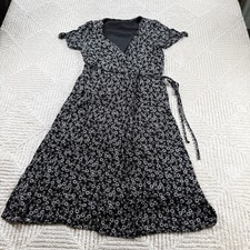 Papermoon Wrap Dress Women's Small Black Floral Daisy Cottagecore Boho Brunch