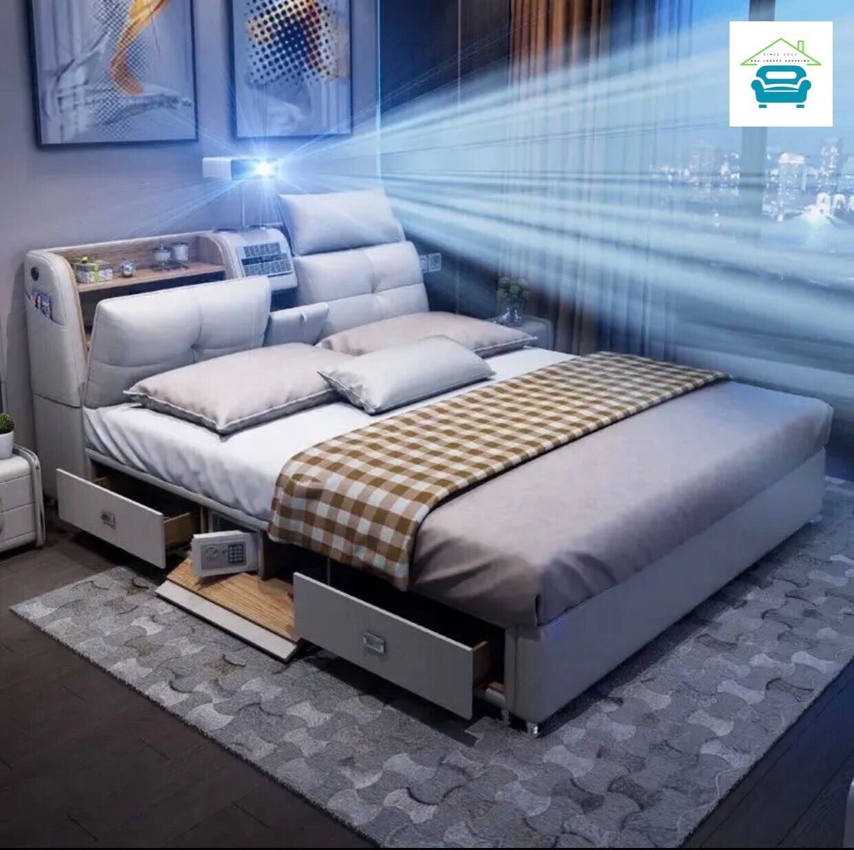Smart Bed with High Box, Massage, Bluetooth speaker, Projector, Air Purifier