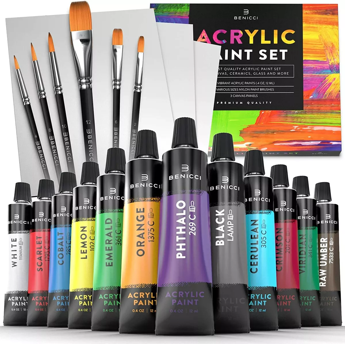 Acrylic Paint Set for Kids, Artists and Adults - 12 Vibrant Colors