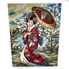 Vtg Geisha Needlepoint Embroidery Large 19x25 Japanese MCM MidCentury Asian Lady