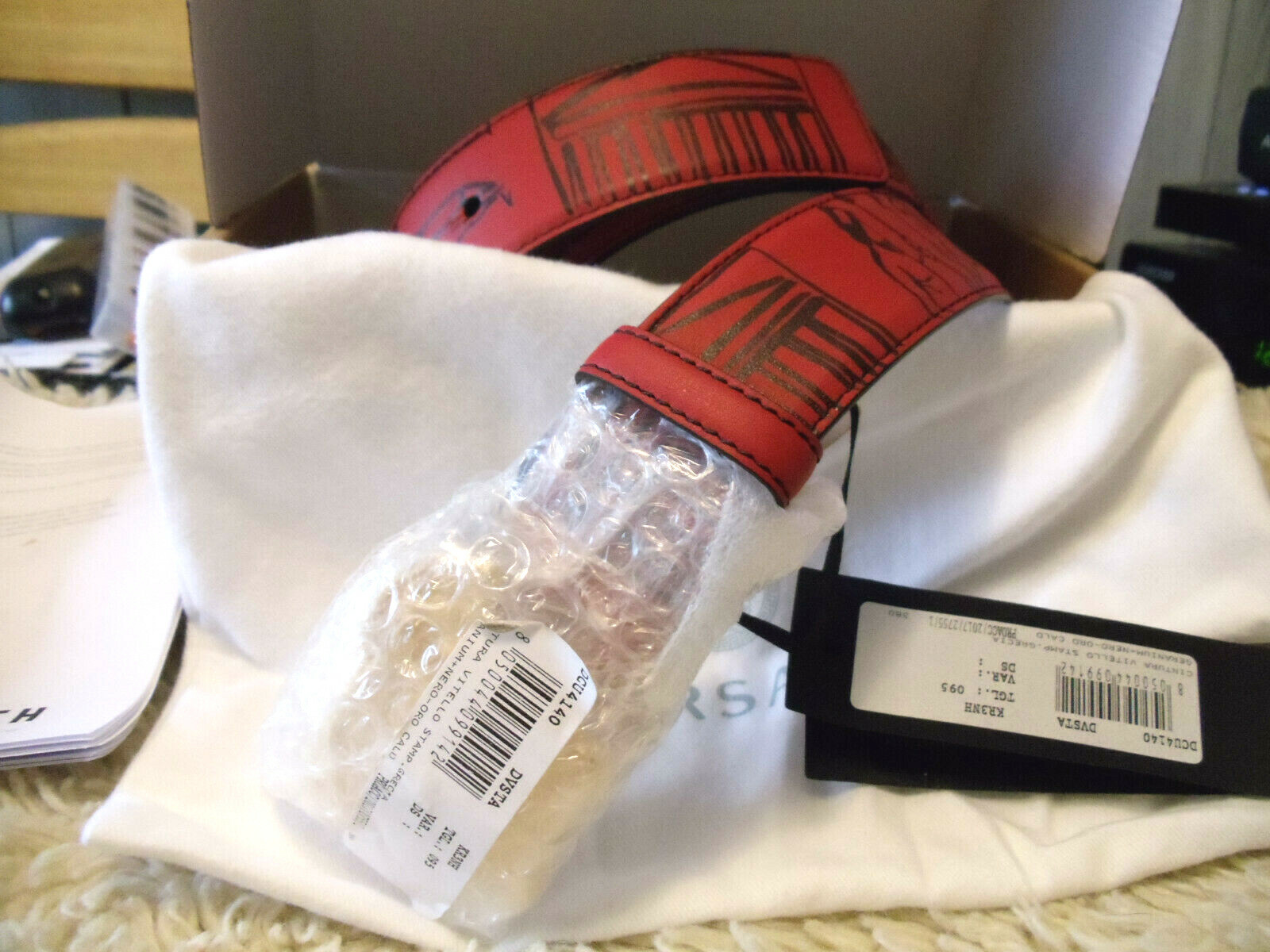 VERSACE RED BELT MEDUSA HEAD CINTURA VITELLO STAMP GRECIA GERANIUM Nero Oro Cald