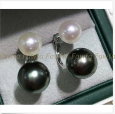 Fashion Double Natural White Black Akoya Pearl Silver Stud Earrings