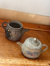 Lot of Small Tan or Gray Thin Pottery Teapot w Butterfly Zinnia Daisy Flower