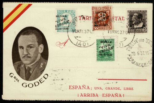 Tarjeta 19  mayo 1937 falange " Viva España" " Arriba España"  sellos Republica - Imagen 1 de 2