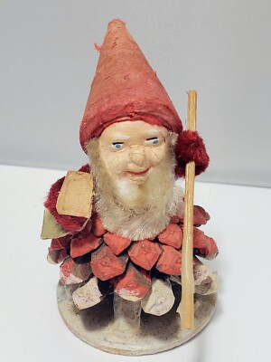 Vintage Christmas Pinecone Elf Pixie West Germany Red Hat Walking Stick 1950s