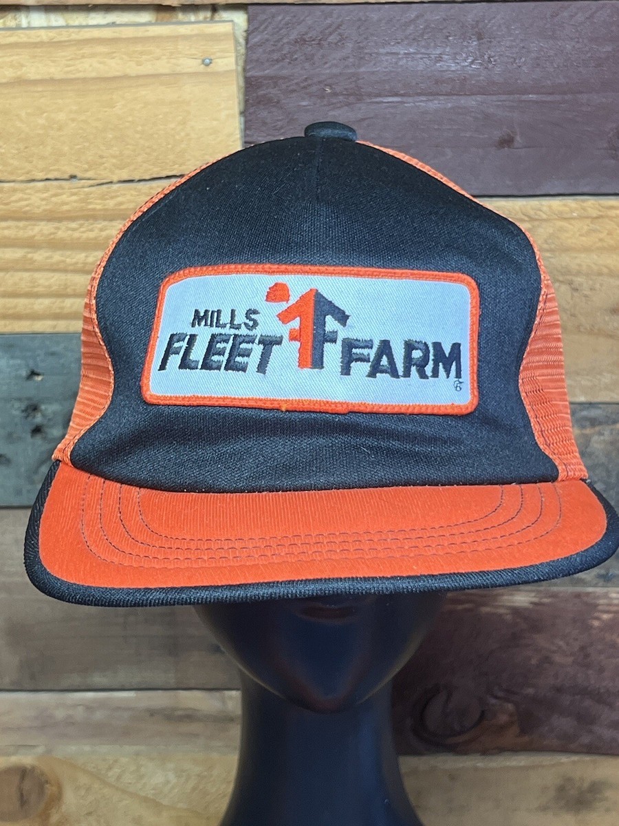 Vintage 80s 90s Mill's Fleet Farm Store themed Orange Trucker Snapback Hat