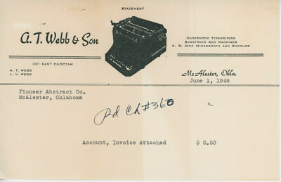 1948 A. T. Webb & Son Billhead McAlester Oklahoma Underwood Typewriters