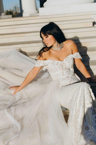 Bohemian wedding dress Romantic bridal gown Sparkly gown Off shoulder dress Lace - Picture 5 of 12