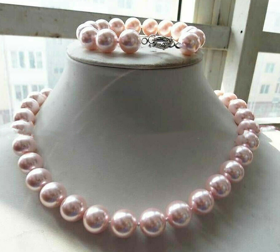 Beautiful 12mm south sea round pink shell pearl beads Necklace 18