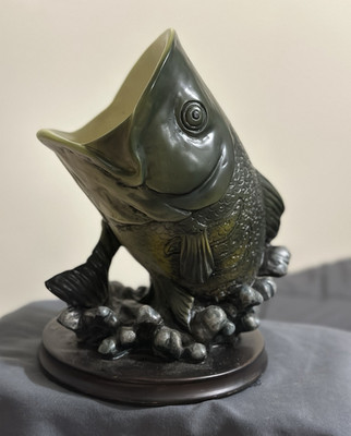 Painted Resin Fish Figurine Sculpture on Base Green/Black/Gray 3D Effect