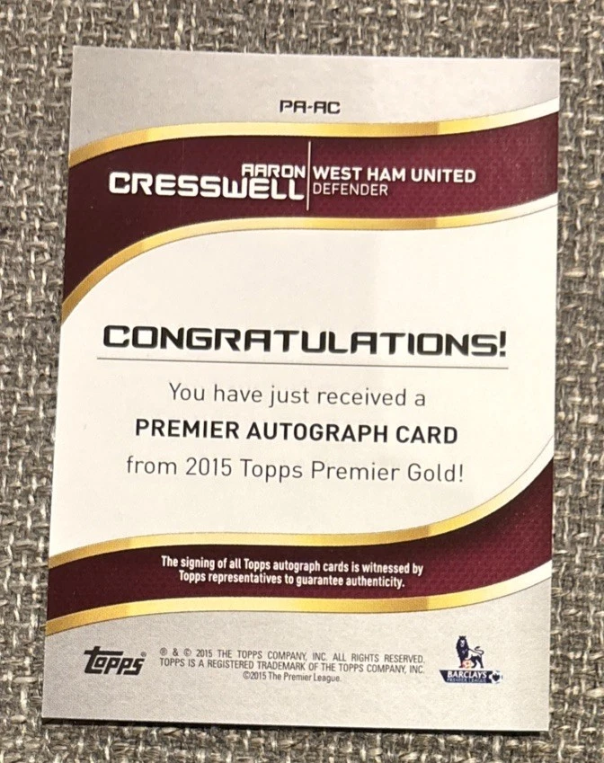 2015-16 Topps Premier Gold - Premier 亲笔签名 Aaron Cresswell #PA-AC(AU,RC) — 第 2/2 张图片