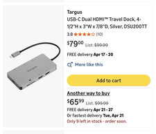 Targus USB-C Dual HDMI Dock DSU200TT Silver Power Pass-Thru SD Card Reader