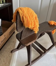 Handmade Child's Wooden Rocking Horse, Solid Wood With Yarn Mane And Tail Used