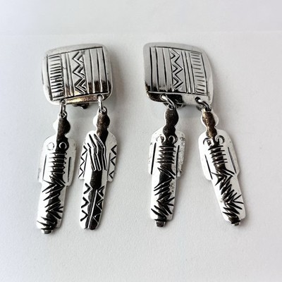 Vintage Sterling Silber Tribal Tropfen Clip auf 2,50'' Ohrringe/26,8 gr/signiert TM-180