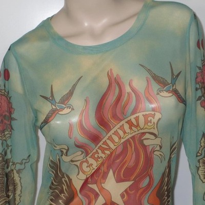 Harley Davidson LARGE Sheer Womens Tattoo Long Sleeve Shirt Blouse Motorcycle