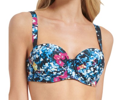 Calvin Klein Printed Balconette Ruched Underwire Bikini Top, Black Multi, M $78