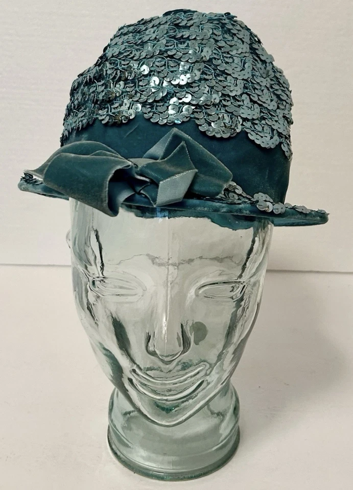 Sombrero de paja turquesa vintage para mujer con lentejuelas y lazo de fieltro - talla 6 3/4 Foto 2 de 4