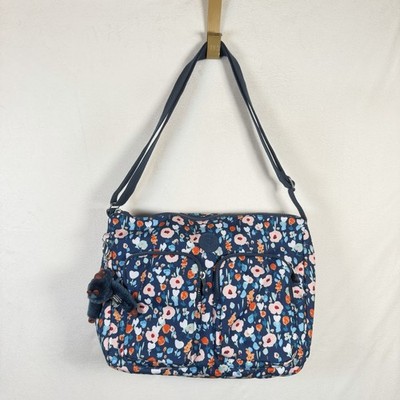 Kipling Live Light Blue Floral Crossbody Shoulder Bag Monkey Keychain Multi Pock