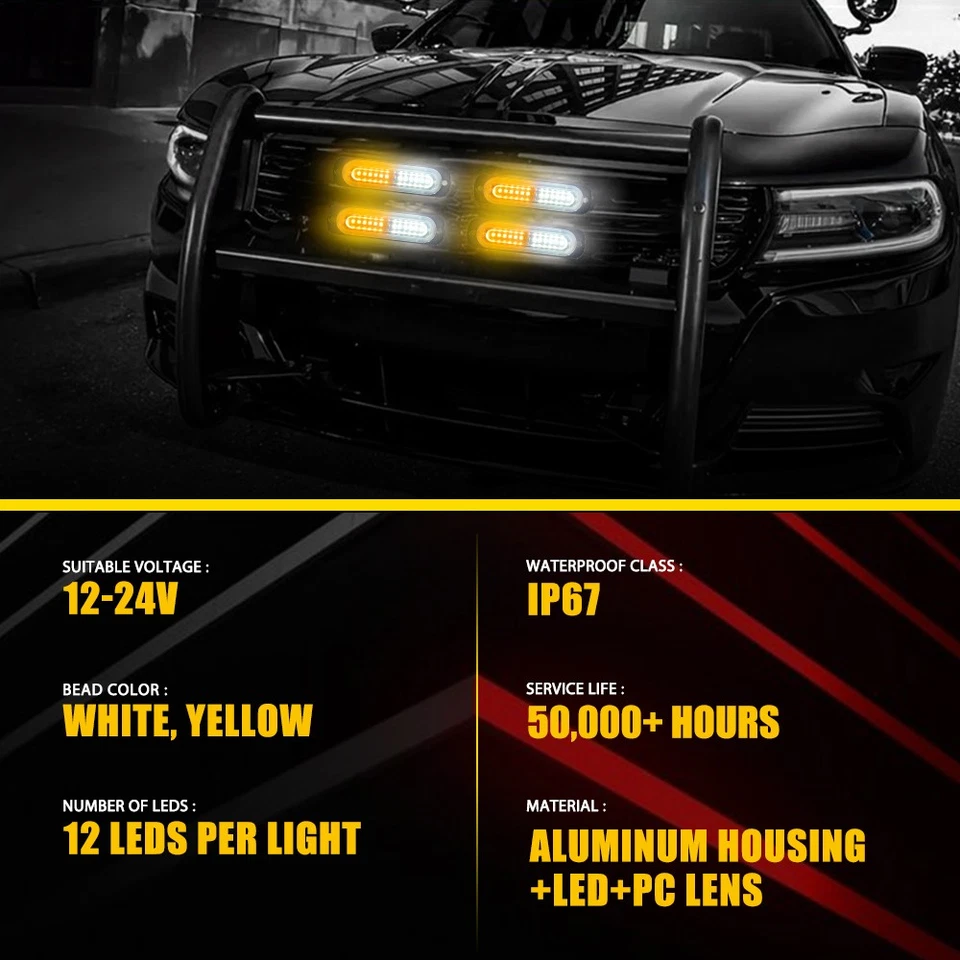 4X Amber White Front 12LED Grille Light Bar Flash Emergency Strobe Warning Light - Image 3 of 4