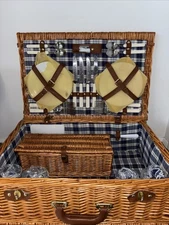 VINTAGE Wicker Picnic Basket for 4 Blue Gingham