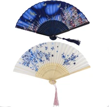2 Pieces Folding Hand Fans for Women,Silk Foldable Handheld Fans Vintage Bamboo