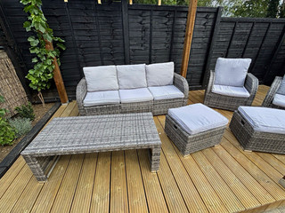 Grey Rattan/Wicker Sofa Set with Cushions Ottoman & Rectangular Table