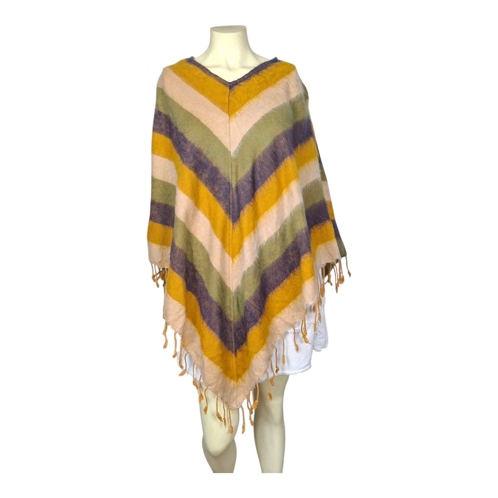 Boho Chevron Fringe Poncho Cape Wrap Sweater WVN For You Nepal One Size Beige