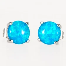 8mm Round Ocean Blue Fire Opal Cabochon Silver Jewelry Simple Stud Earrings