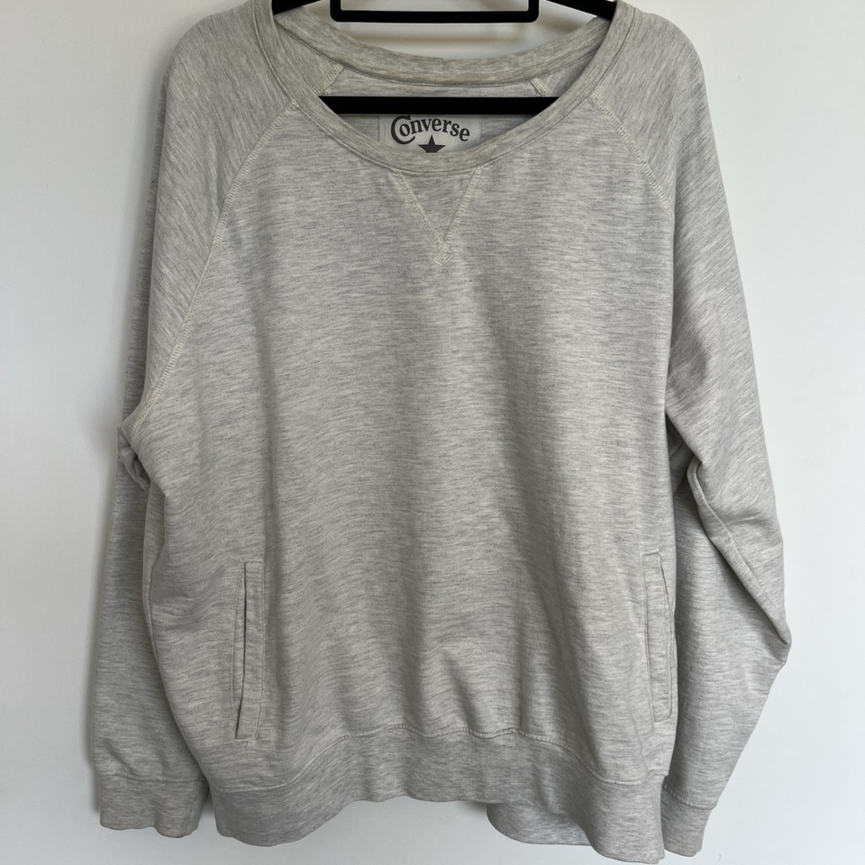 Women's Converse White Marle Crew Neck Sweater SZ XL Pockets Cotton Blend Cozy