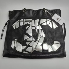 Chanel Large Chain Tote Black Leather Silver CC Patchwork Logo Vintage Auth
